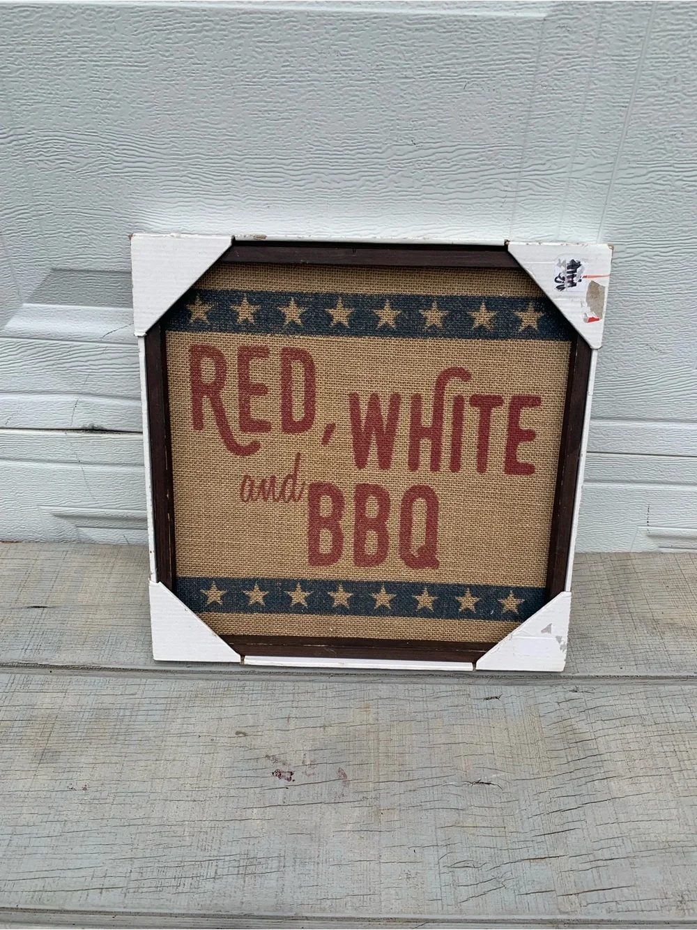 Red White and BBQ Wood Framed Sign Rustic Burlap Patriotic Americana Wall Art